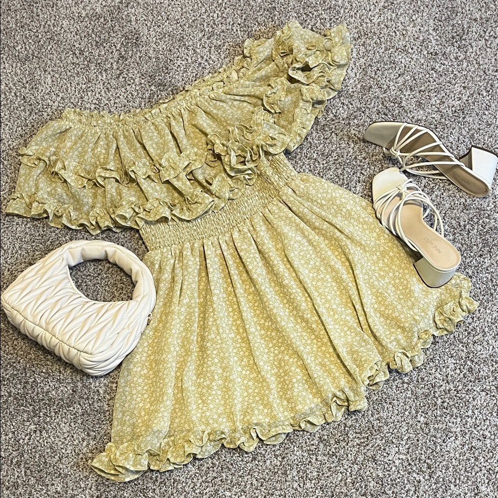 Smocked Off-Shoulder Mini Dress in Pale Yellow